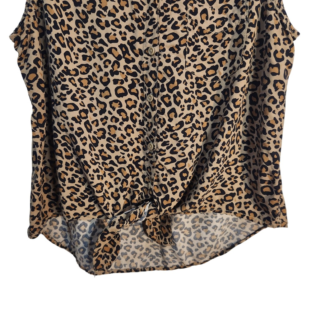 Beach lunch lounge Leopard Print Sleeveless Tie Front Button Down Top XL Brown - Picture 3 of 8